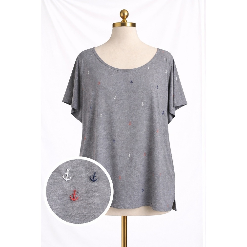 J. Jill Cotton Tencel Modal Knit Top Size 2X Nautical Print Anchors Gray Soft